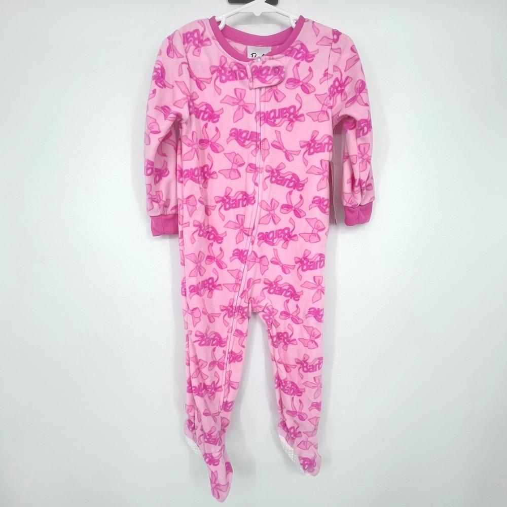 Barbie Footed Pajamas Girls 2T Pink Logo Bow Fleece‎ Zip Front Sleeper NEW